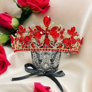 Red Ruby Crystal Tiara, Bridal Wedding Crown, Gold Prom Tiara, Quinceanera Crown